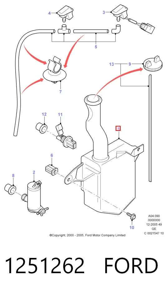Tanque de fluido para lavador de vidro 1251262 Ford