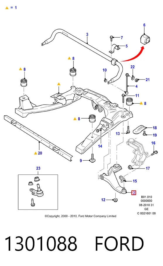 Braço oscilante inferior esquerdo de suspensão dianteira 1301088 Ford