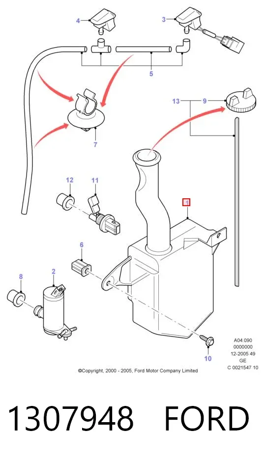 Tanque de fluido para lavador de vidro 1307948 Ford