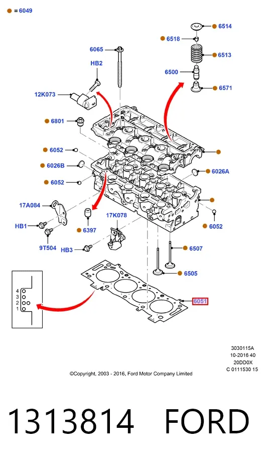 Vedante de cabeça de motor (CBC) 1313814 Ford