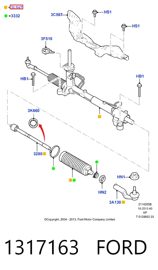 Cremalheira da direção 1317163 Ford