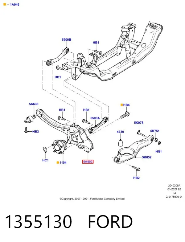 Braço oscilante (tração) longitudinal inferior direito de suspensão traseira 1355130 Ford