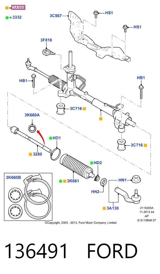 Cremalheira da direção 136491 Ford