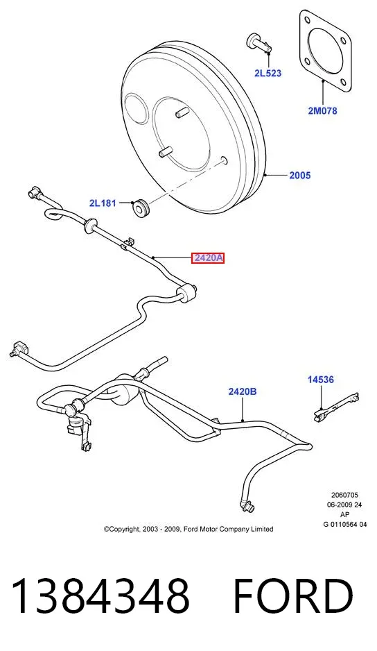 Tubo de impulsionador de vácuo dos freios 1384348 Ford