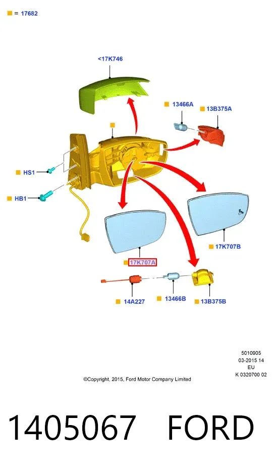 Elemento espelhado do espelho de retrovisão direito 1405067 Ford