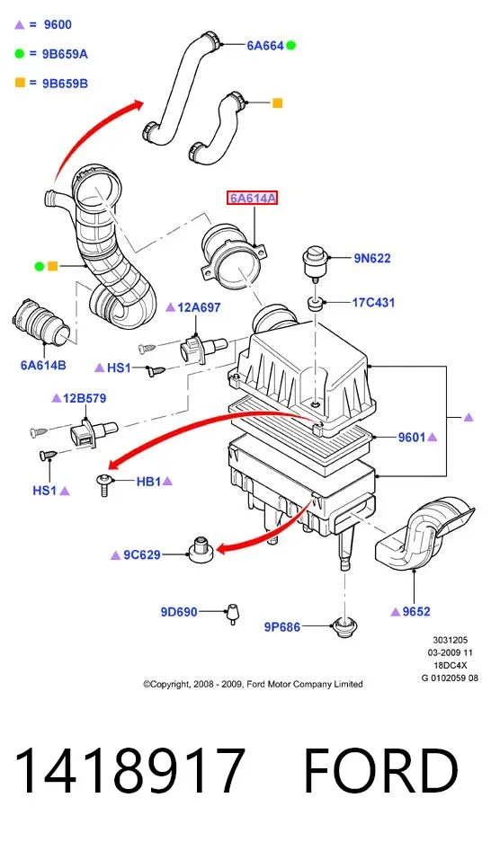 Sensor de fluxo (consumo) de ar, medidor de consumo M.A.F. - (Mass Airflow) 1418917 Ford