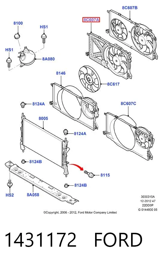 Difusor do radiador de esfriamento, montado com motor e roda de aletas 1431172 Ford