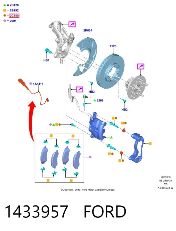Kit de reparação de suporte do freio dianteiro 1433957 Ford