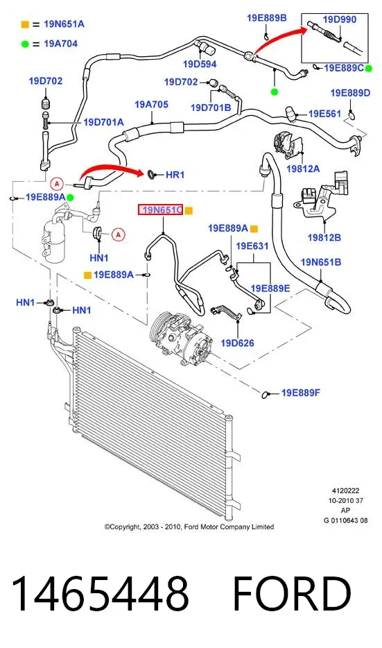 Mangueira de aparelho de ar condicionado, desde o vaporizador traseiro até o compressor 1465448 Ford