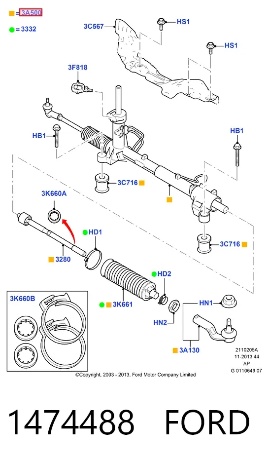 Cremalheira da direção 1474488 Ford