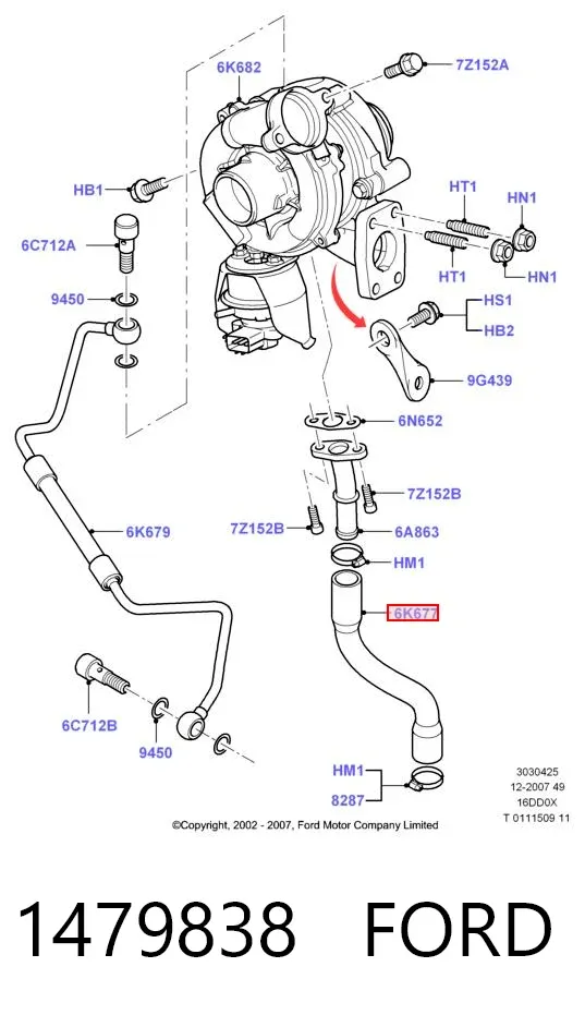 Tubo (mangueira) de derivação de óleo de turbina 1479838 Ford