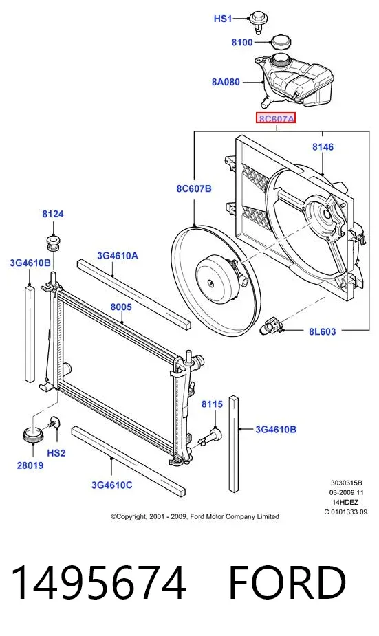 Difusor do radiador de esfriamento, montado com motor e roda de aletas 1495674 Ford