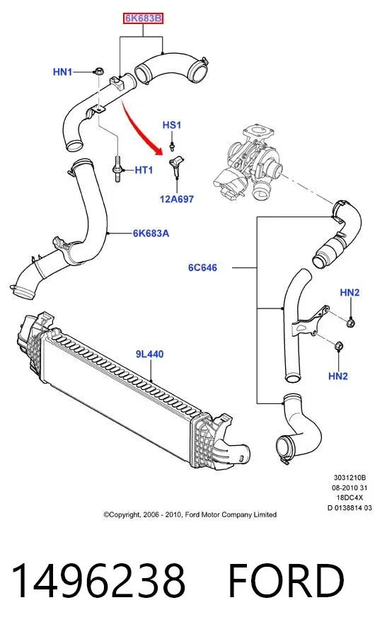 Cano derivado de ar, saída de turbina (supercompressão) 1496238 Ford