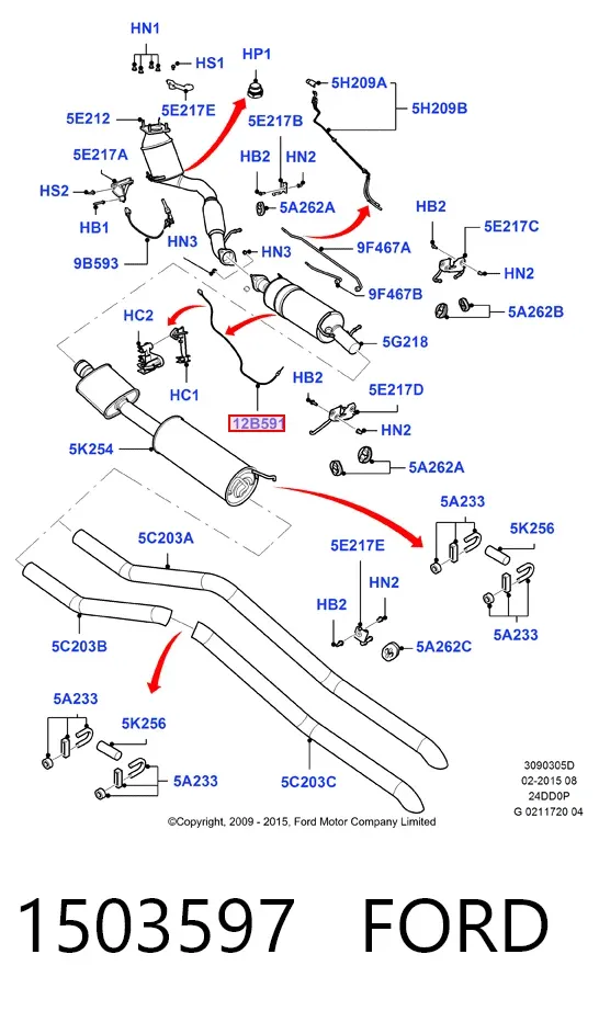 Sensor de temperatura dos gases de escape (GE), no catalisador 1503597 Ford