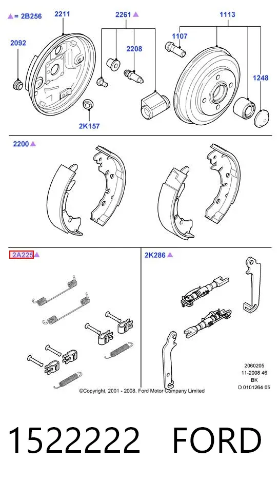 Kit de montagem das sapatas traseiras de tambor 1522222 Ford
