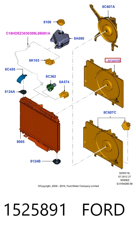 Difusor do radiador de esfriamento, montado com motor e roda de aletas 1525891 Ford