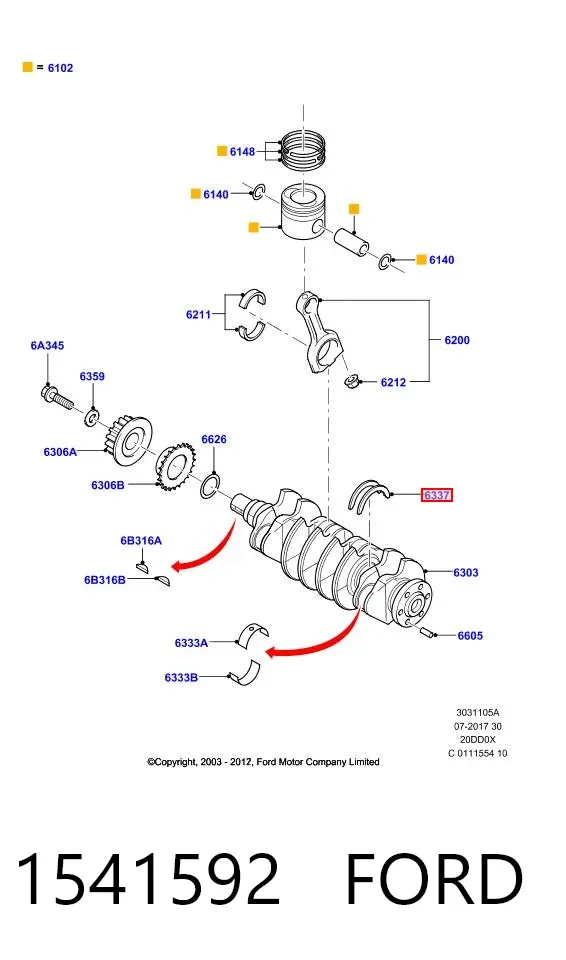 Semianel inferior de suporte (de carreira) de cambota 1541592 Ford