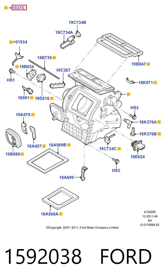 Caixa de ventilador de forno (de aquecedor de salão), montada 1592038 Ford
