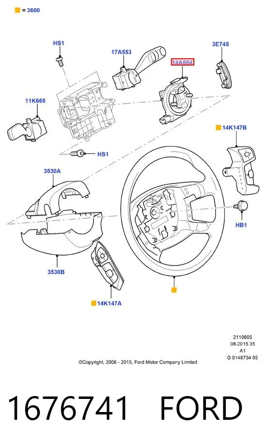 Anel AIRBAG de contato, cabo plano do volante 1676741 Ford