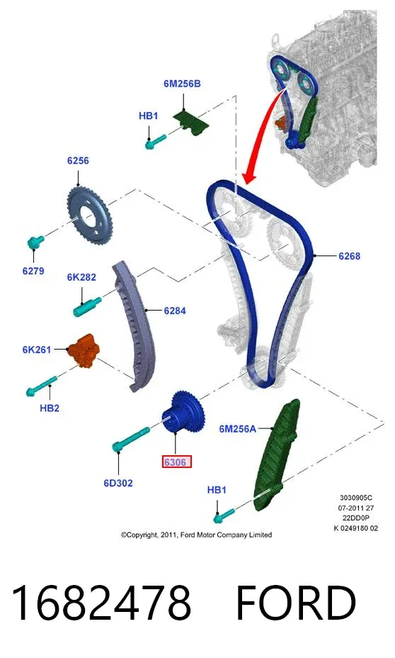 Engrenagem de cadeia da roda dentada de acionamento de cambota de motor 1682478 Ford