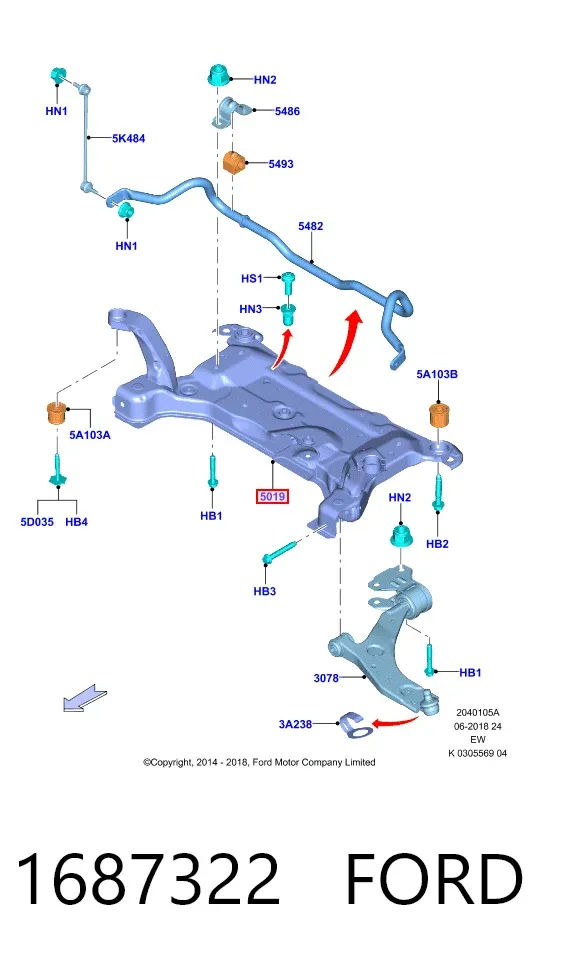 Viga de suspensão dianteira (plataforma veicular) dianteira 1687322 Ford