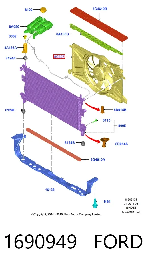 Ventilador elétrico de esfriamento montado (motor + roda de aletas) 1690949 Ford