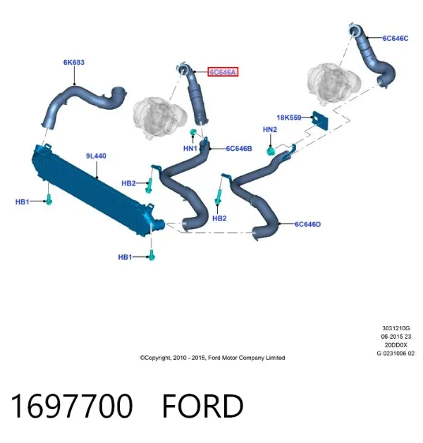 Cano derivado de ar, saída de turbina (supercompressão) 1697700 Ford