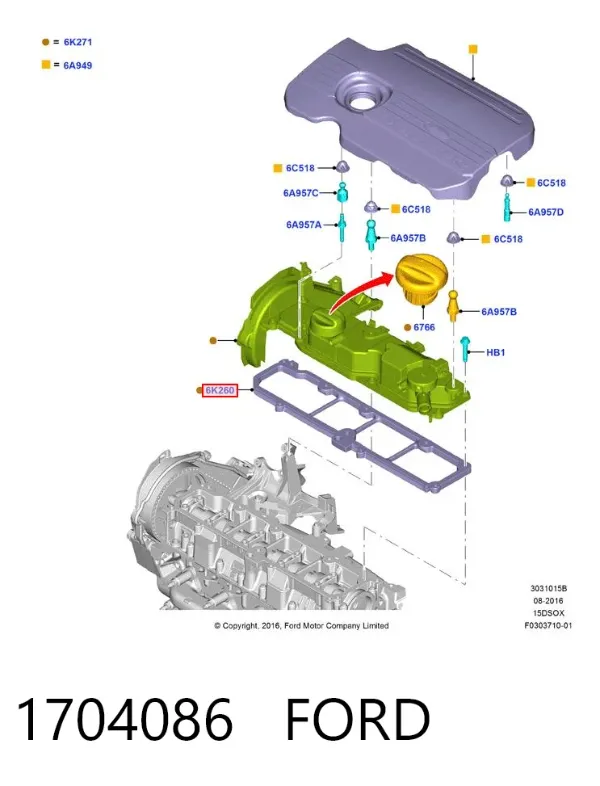 Vedante de tampa de válvulas de motor 1704086 Ford