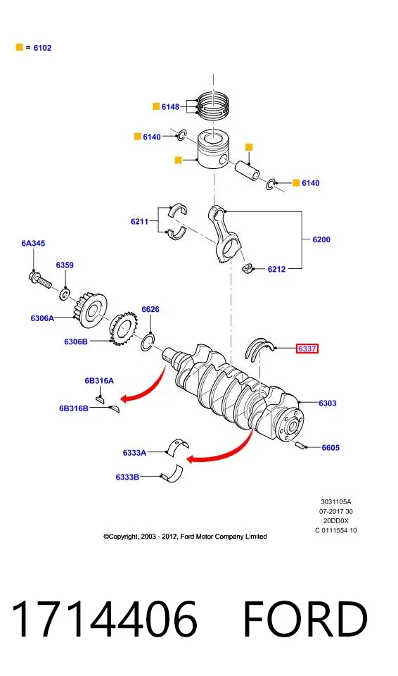 Semianel superior de suporte (de carreira) de cambota 1714406 Ford