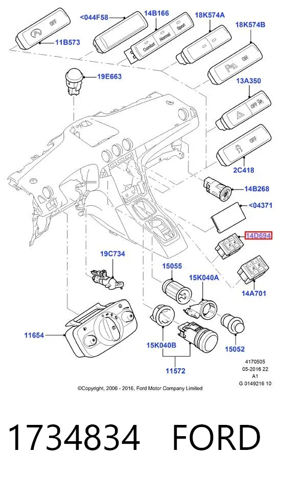 Botão de ativação de aquecimento do assento 1734834 Ford