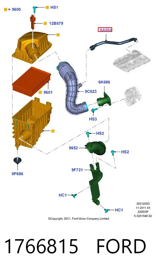 Cano derivado de ventilação de cárter (de separador de óleo) 1766815 Ford