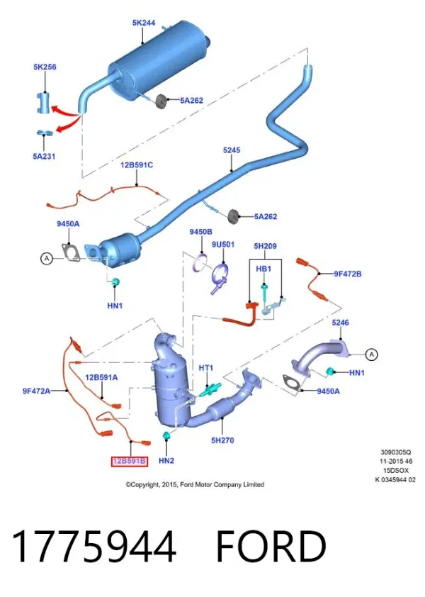 Sensor de temperatura dos gases de escape (GE), até o catalisador 1775944 Ford