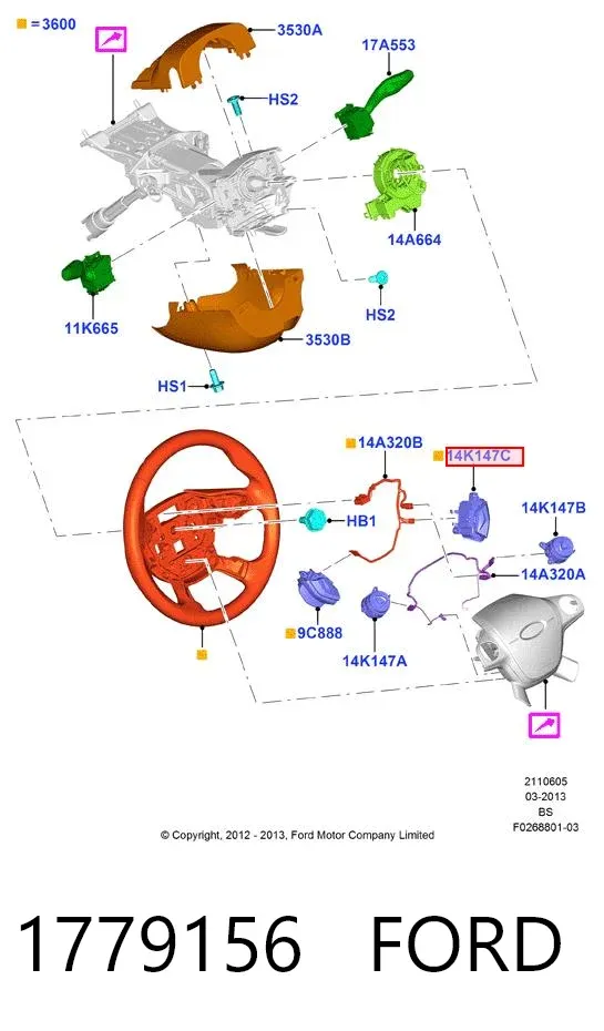 Unidade de interruptores de botão do volante de direção 1779156 Ford