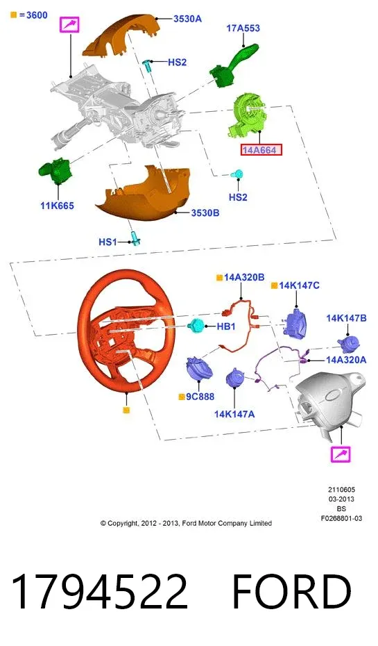 Anel AIRBAG de contato, cabo plano do volante 1794522 Ford