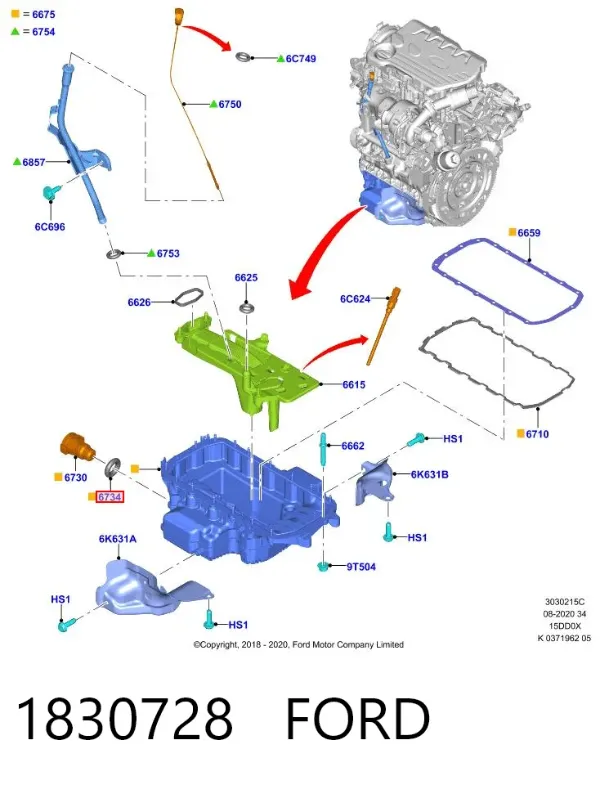 Vedante de rolha de panela de motor 1830728 Ford