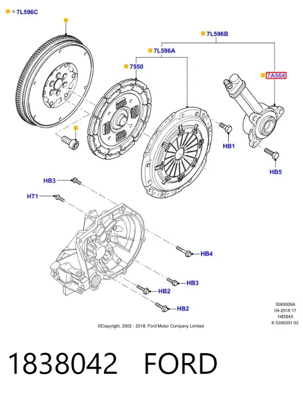 Cilindro de trabalho de embraiagem montado com rolamento de desengate 1838042 Ford