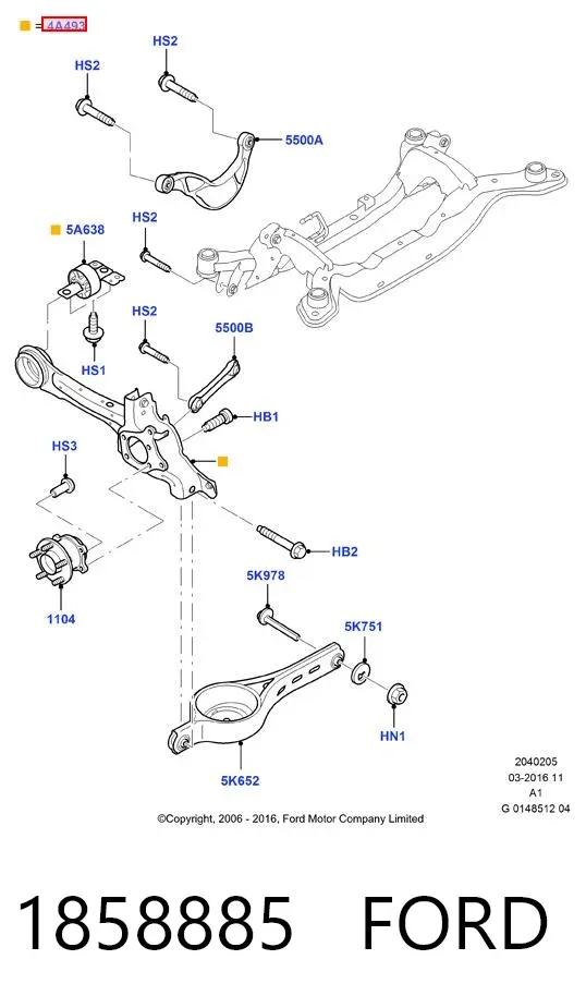 Braço oscilante (tração) longitudinal inferior direito de suspensão traseira 1858885 Ford