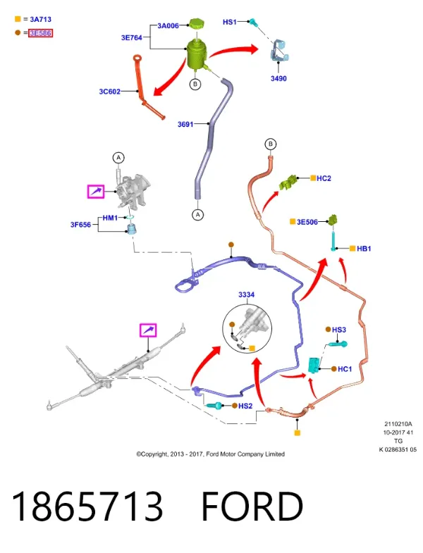 Mangueira da Direção hidrâulica assistida de pressão alta desde a bomba até a régua (do mecanismo) 1865713 Ford