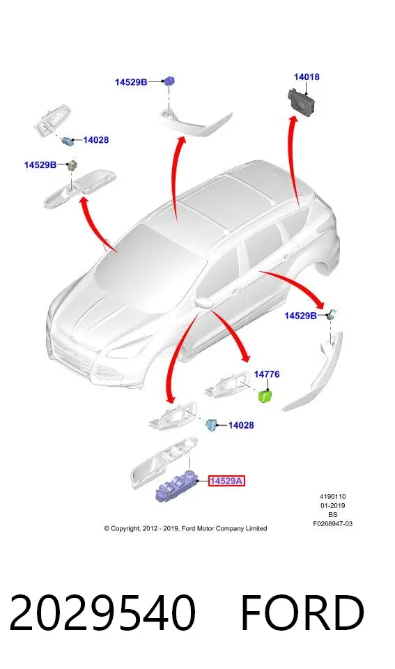 Unidade de botões dianteira esquerda de controlo de elevador de vidro 2029540 Ford