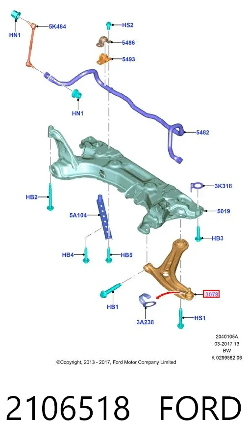 Braço oscilante inferior direito de suspensão dianteira 2106518 Ford