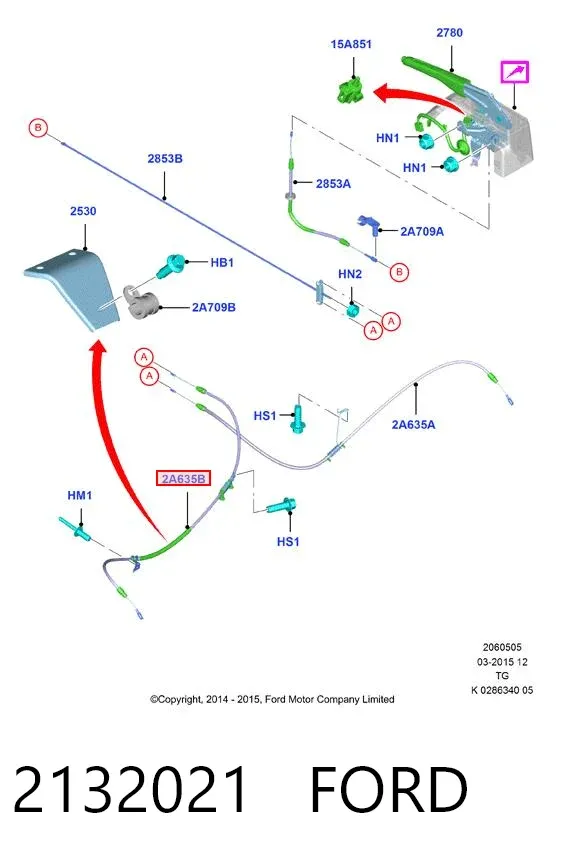 Cabo do freio de estacionamento traseiro esquerdo 2132021 Ford