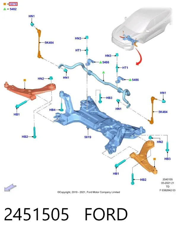 Braço oscilante inferior direito de suspensão dianteira 2451505 Ford