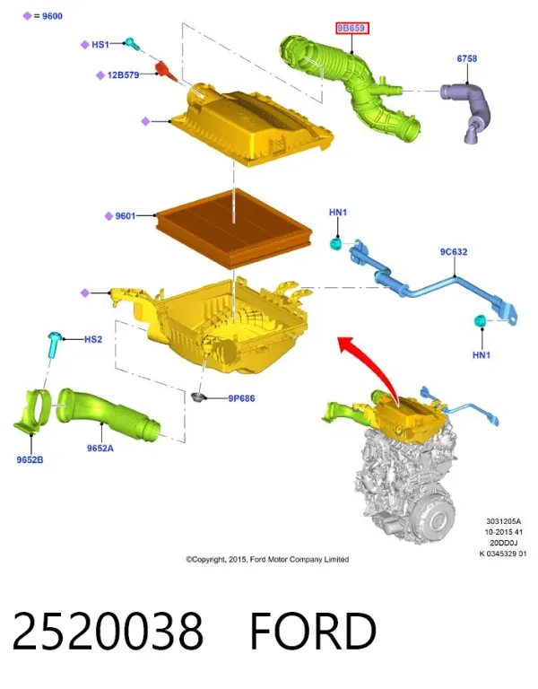 Cano derivado de ar, saída de filtro de ar 2520038 Ford