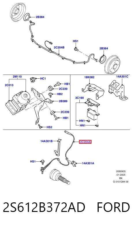 Sensor dianteiro de ABS 2S612B372AD Ford