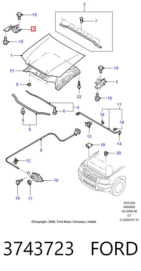 Gozno da capota esquerdo 3743723 Ford
