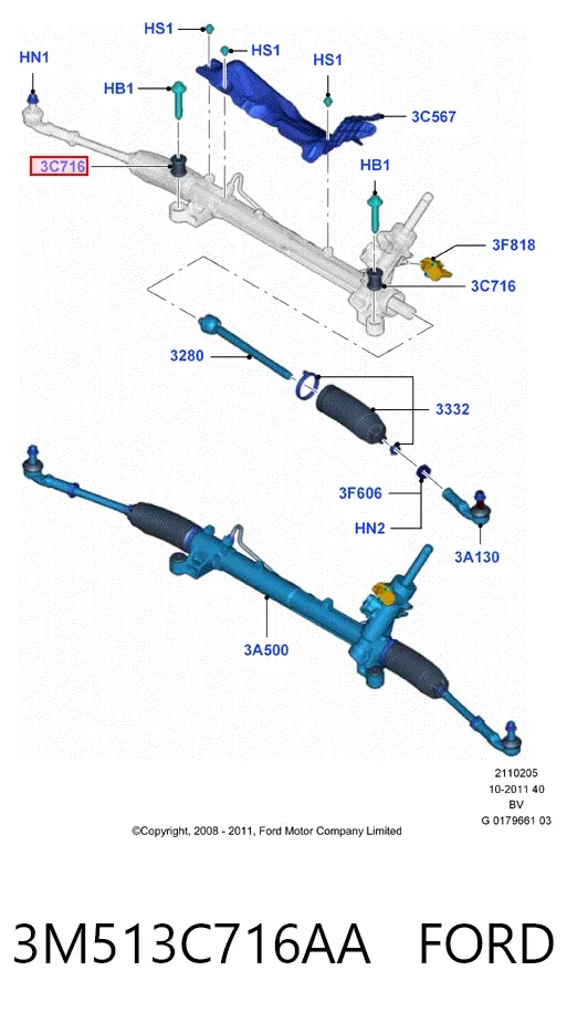 Bucha de fixação da cremalheira da direção 3M513C716AA Ford