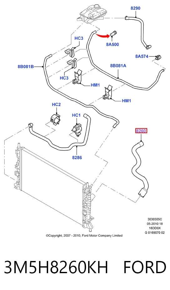 Mangueira (cano derivado) do radiador de esfriamento superior 3M5H8260KH Ford