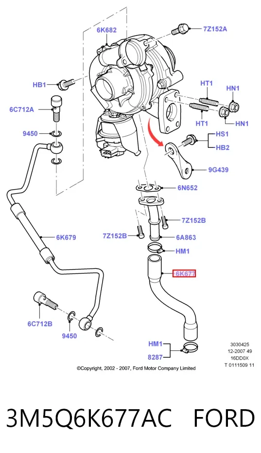 Tubo (mangueira) de derivação de óleo de turbina 3M5Q6K677AC Ford