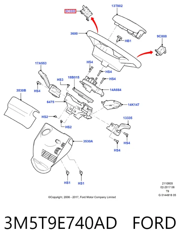 Unidade de interruptores de botão do volante de direção 3M5T9E740AD Ford