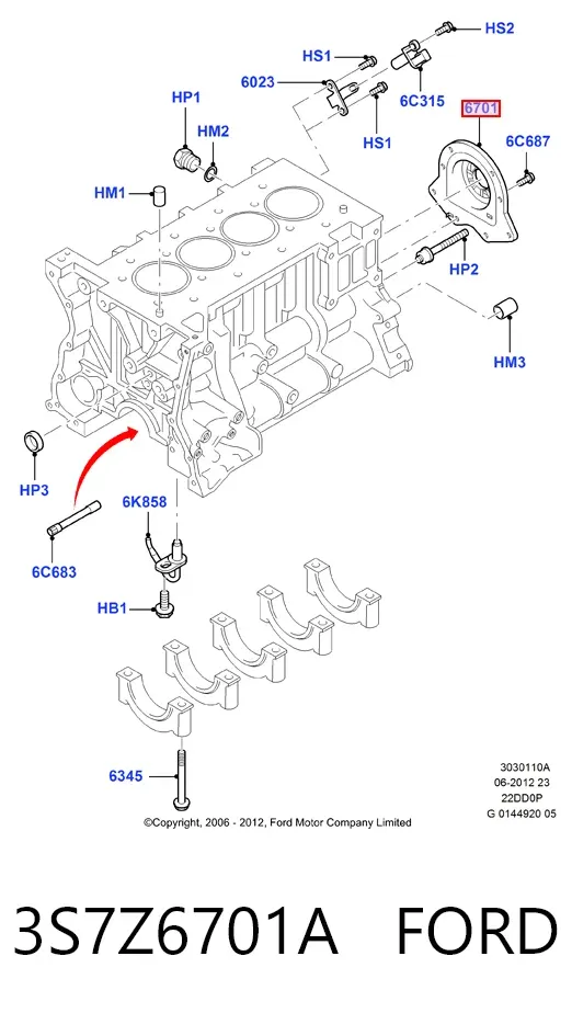 Vedação traseira de cambota de motor 3S7Z6701A Ford